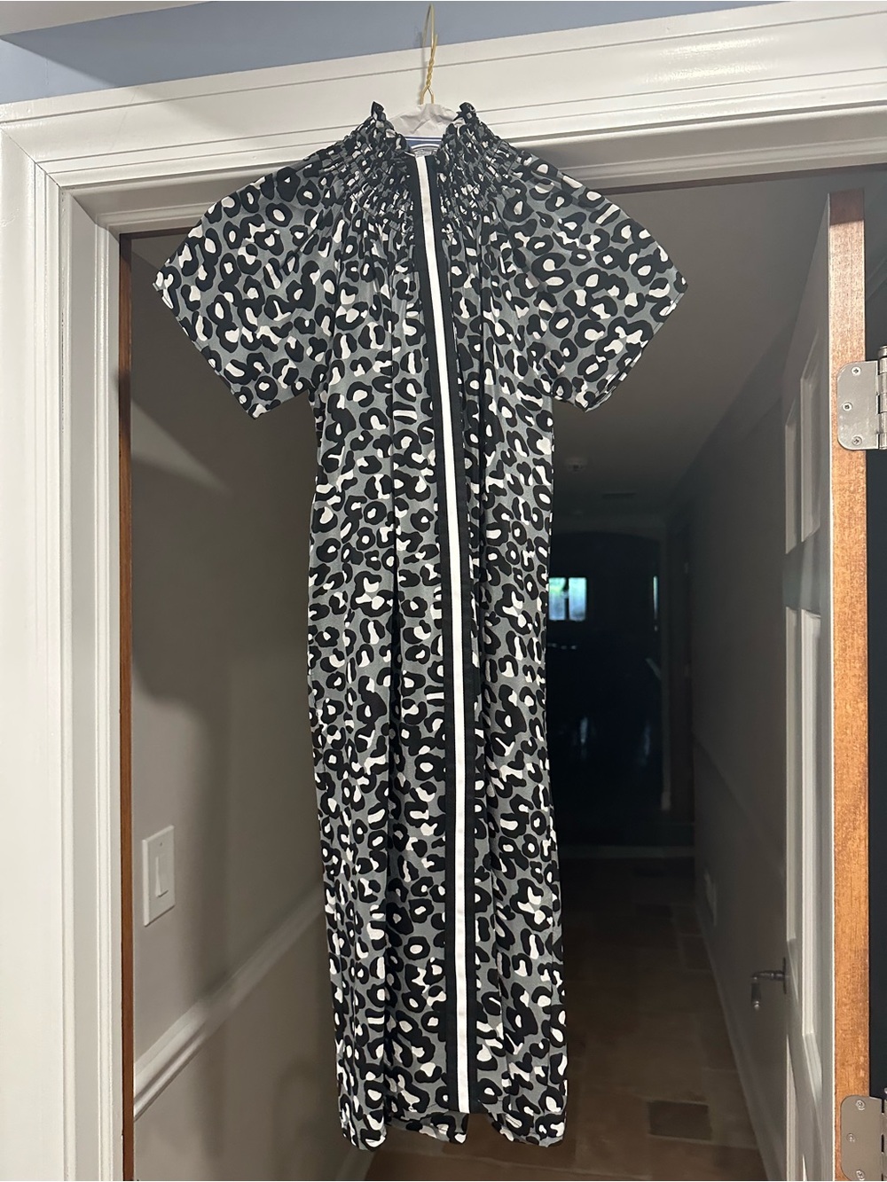 Black & White Leopard Print Maxi Dress with Smocked Neck